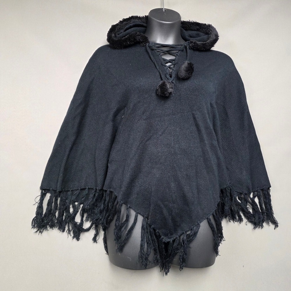 DeRotchild Poncho Women's Hooded Faux Fur Trim Lace Up Fringe Black Medium